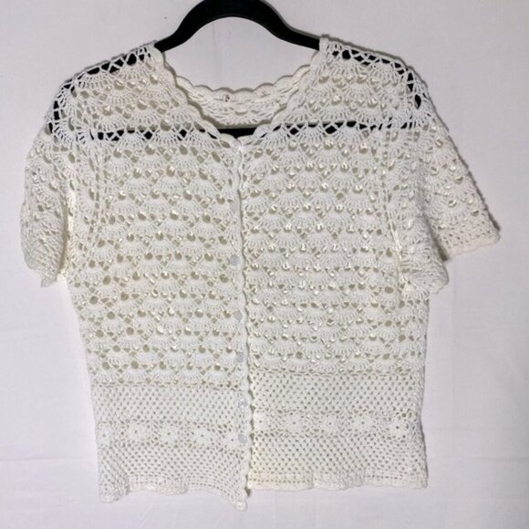 Vintage Cream Crochet Lace Knit Button Front Short Sleeve Cardigan M - Picture 12 of 12